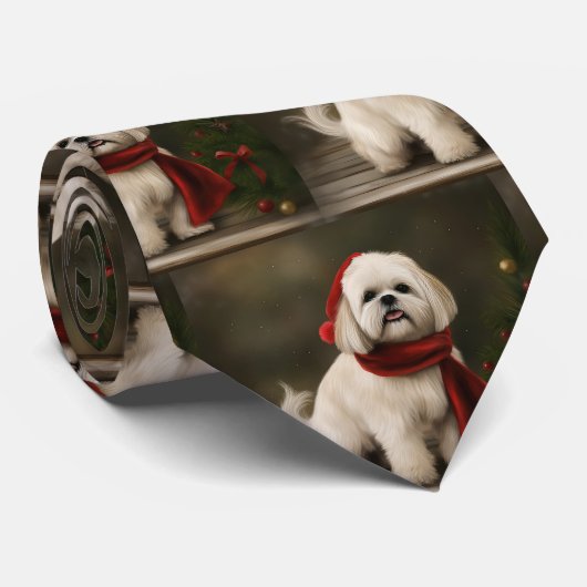 Lhasa Apso Hond in Sneeuw Kerstmis Stropdas (Opgerold)