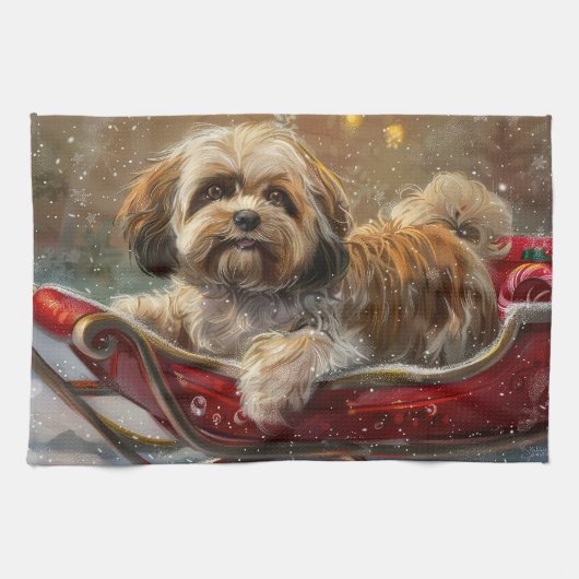 Lhasa Apso Hond Kerst Feestelijk Theedoek (Horizontaal)