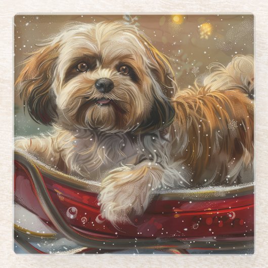 Lhasa Apso Hond Kerstfeest Glazen Onderzetter (Voorkant)