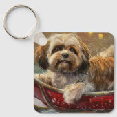 Lhasa Apso Hond Kerstfeest Sleutelhanger (Voorkant)