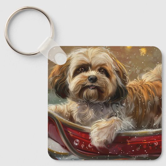 Lhasa Apso Hond Kerstfeest Sleutelhanger (Voorkant)