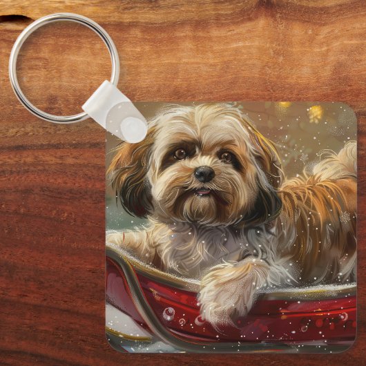 Lhasa Apso Hond Kerstfeest Sleutelhanger (Voorkant)