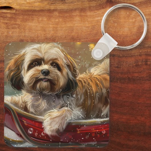 Lhasa Apso Hond Kerstfeest Sleutelhanger (Achterkant)