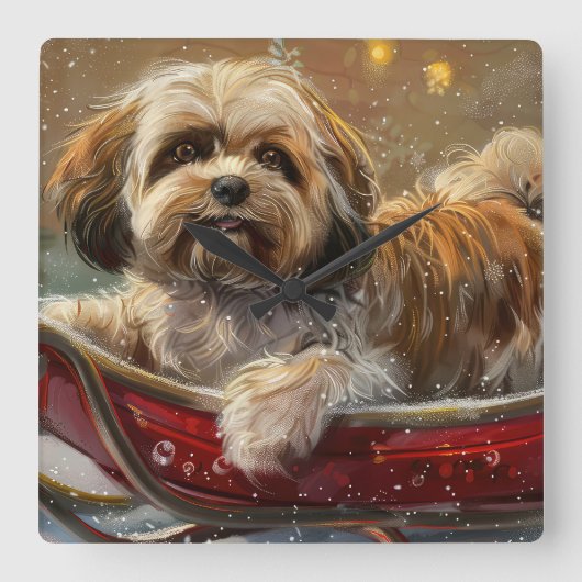 Lhasa Apso Hond Kerstfeest Vierkante Klok (Voorkant)