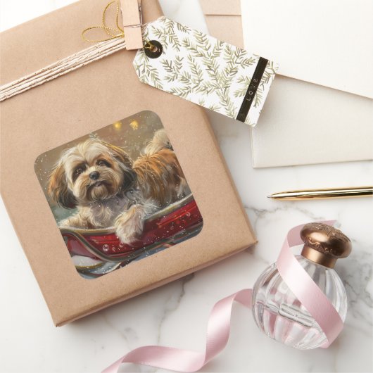 Lhasa Apso Hond Kerstfeest Vierkante Sticker (Geschenken)