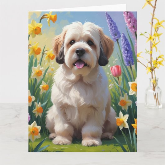 Lhasa Apso-hond lente bloemen schilderij  Kaart (Gele Bloem)