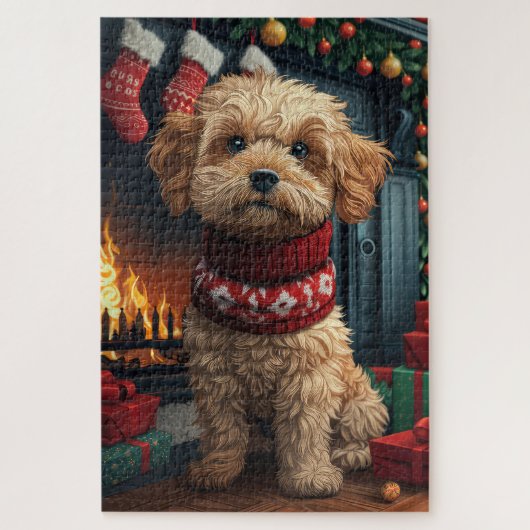 Lhasa Apso Hond Met Kerstcadeaus Open haard Legpuzzel (Verticaal)