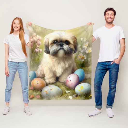 Lhasa Apso Hond met Paaseieren Vakantie Fleece Deken (In situ)