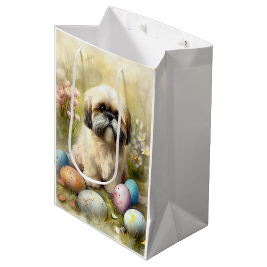 Lhasa Apso Hond met Paaseieren Vakantie Medium Cadeauzakje (Voorkant Gekanteld)