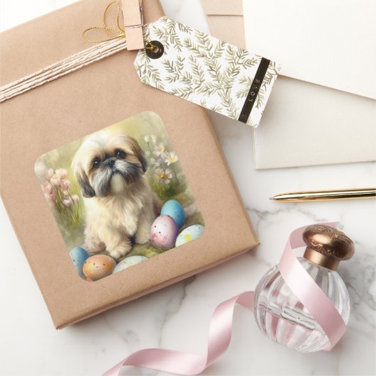 Lhasa Apso Hond met Paaseieren Vakantie Vierkante Sticker (Geschenken)