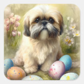 Lhasa Apso Hond met Paaseieren Vakantie Vierkante Sticker (Voorkant)