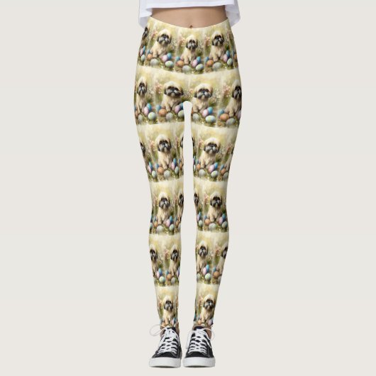 Lhasa Apso-hond met Pasen Eieren Vakantie Leggings (Voorkant)