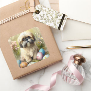 Lhasa Apso-hond met Pasen Eieren Vakantie  Vierkante Sticker