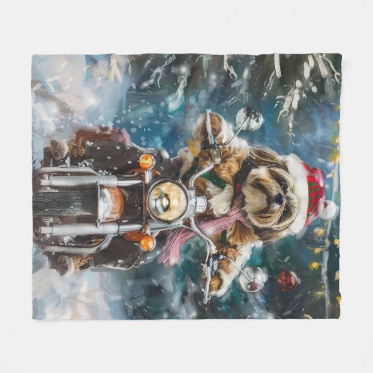 Lhasa Apso Hond Rijden Motorfiets Kerstmis Fleece Deken (Voorkant (Horizontaal))