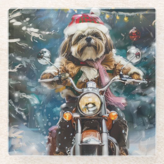 Lhasa Apso Hond Rijden Motorfiets Kerstmis Glazen Onderzetter (Voorkant)