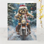 Lhasa Apso Hond Rijden Motorfiets Kerstmis Kaart (Gele Bloem)