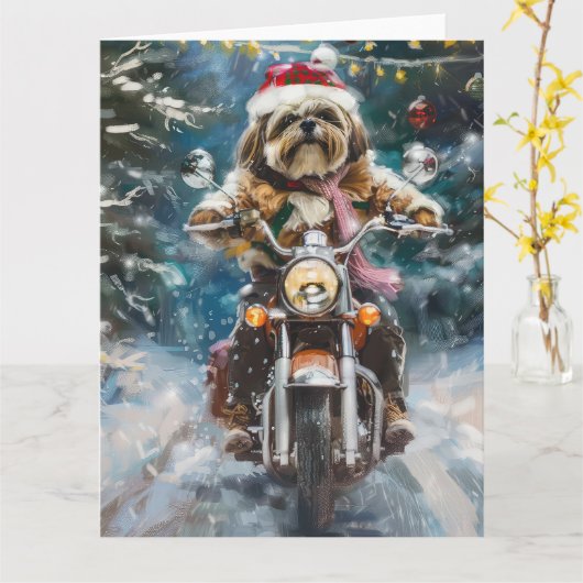 Lhasa Apso Hond Rijden Motorfiets Kerstmis Kaart (Gele Bloem)