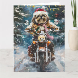 Lhasa Apso Hond Rijden Motorfiets Kerstmis Kaart