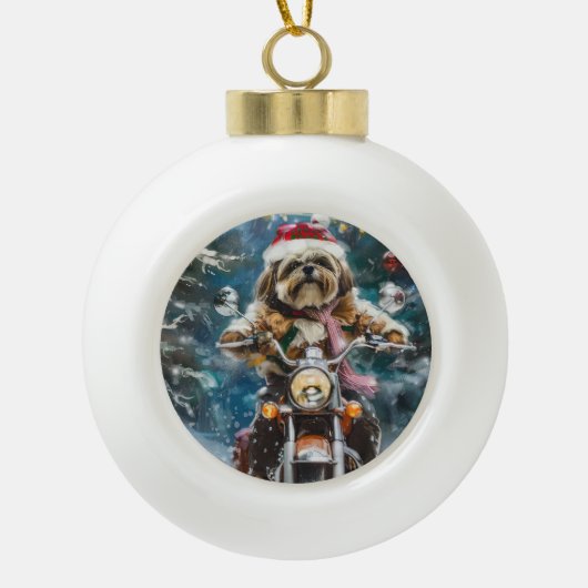 Lhasa Apso Hond Rijden Motorfiets Kerstmis Keramische Bal Ornament (Voorkant)