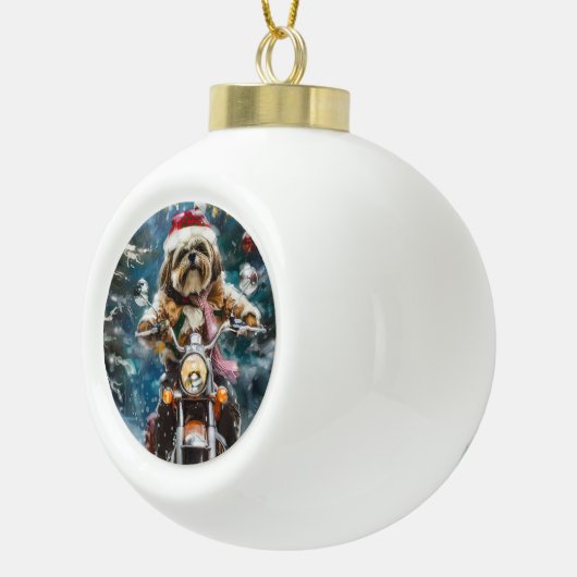Lhasa Apso Hond Rijden Motorfiets Kerstmis Keramische Bal Ornament (Rechts)