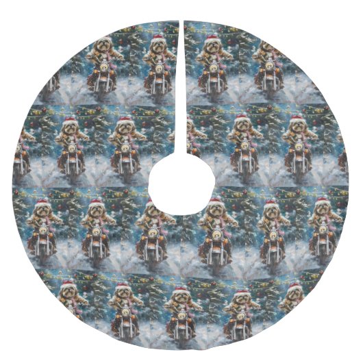 Lhasa Apso Hond Rijden Motorfiets Kerstmis Kerstboom Rok (Voorkant)