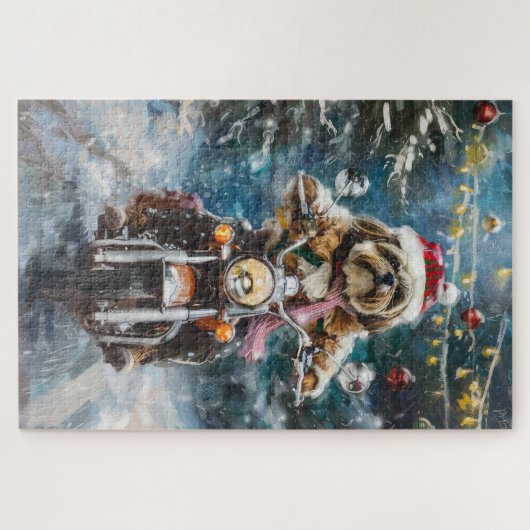 Lhasa Apso Hond Rijden Motorfiets Kerstmis Legpuzzel (Horizontaal)