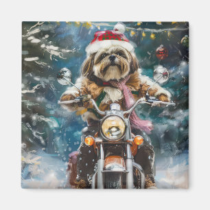 Lhasa Apso Hond Rijden Motorfiets Kerstmis Magneet