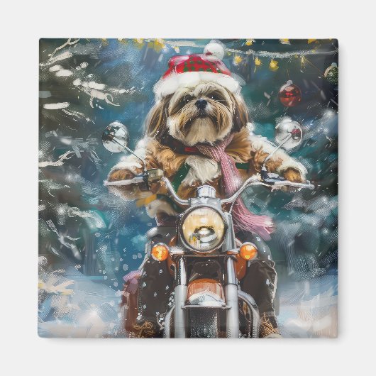 Lhasa Apso Hond Rijden Motorfiets Kerstmis Magneet (Voorkant)