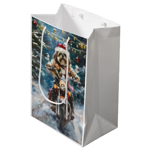 Lhasa Apso Hond Rijden Motorfiets Kerstmis Medium Cadeauzakje (Voorkant Gekanteld)