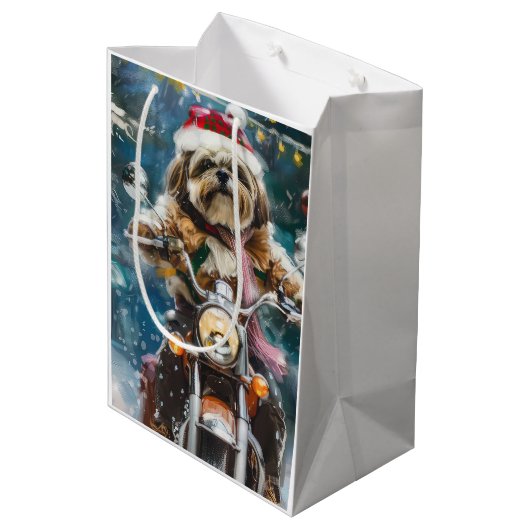 Lhasa Apso Hond Rijden Motorfiets Kerstmis Medium Cadeauzakje (Achterkant Gekanteld)