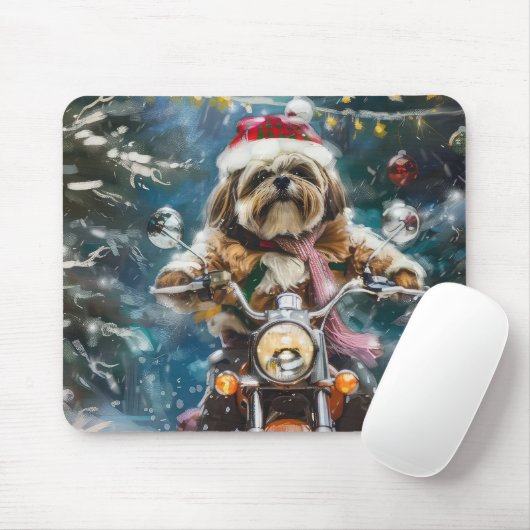 Lhasa Apso Hond Rijden Motorfiets Kerstmis Muismat (Met muis)