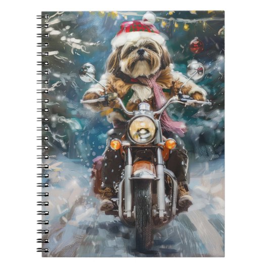 Lhasa Apso Hond Rijden Motorfiets Kerstmis Notitieboek (Voorkant)