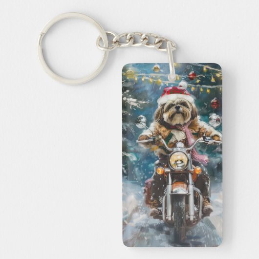 Lhasa Apso Hond Rijden Motorfiets Kerstmis Sleutelhanger (Voorkant)