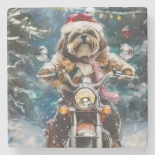 Lhasa Apso Hond Rijden Motorfiets Kerstmis Stenen Onderzetter