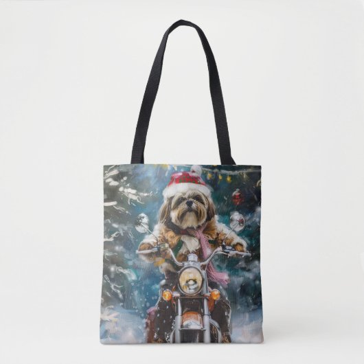 Lhasa Apso Hond Rijden Motorfiets Kerstmis Tote Bag (Voorkant)