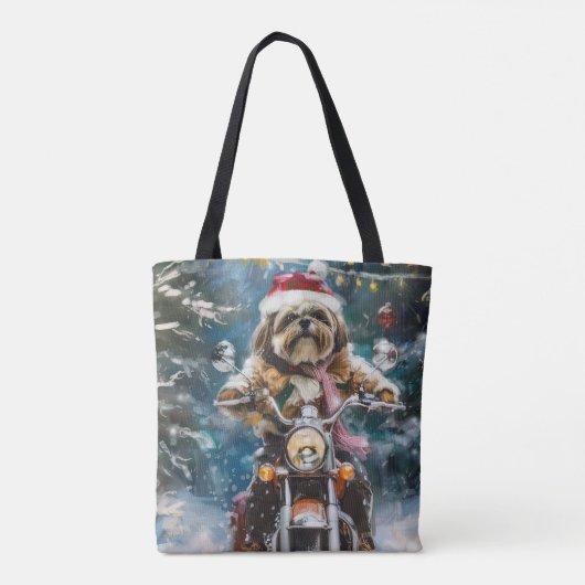 Lhasa Apso Hond Rijden Motorfiets Kerstmis Tote Bag (Achterkant)