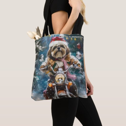 Lhasa Apso Hond Rijden Motorfiets Kerstmis Tote Bag (Dichtbij)