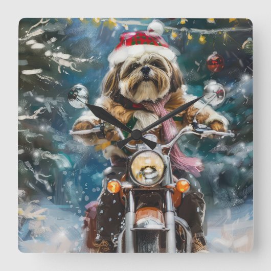 Lhasa Apso Hond Rijden Motorfiets Kerstmis Vierkante Klok (Voorkant)