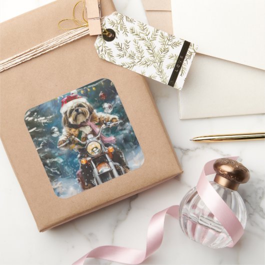 Lhasa Apso Hond Rijden Motorfiets Kerstmis Vierkante Sticker (Geschenken)