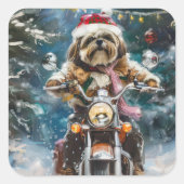 Lhasa Apso Hond Rijden Motorfiets Kerstmis Vierkante Sticker (Voorkant)