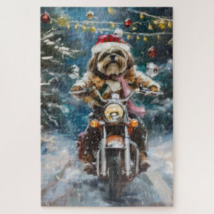 Lhasa Apso Hond Rijdt op Motorfiets Kerstmis Legpuzzel