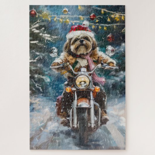 Lhasa Apso Hond Rijdt op Motorfiets Kerstmis Legpuzzel (Verticaal)