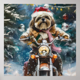 Lhasa Apso-hond rijdt op motorfiets met Kerstmis  Poster