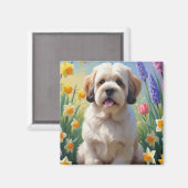 Lhasa Apso Hond Spring Bloemen Schilderen Magneet (Voorkant / Achterkant)