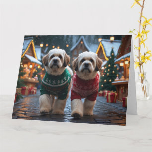 Lhasa Apso Honden Kerst Sneeuw Vakantie Kaart