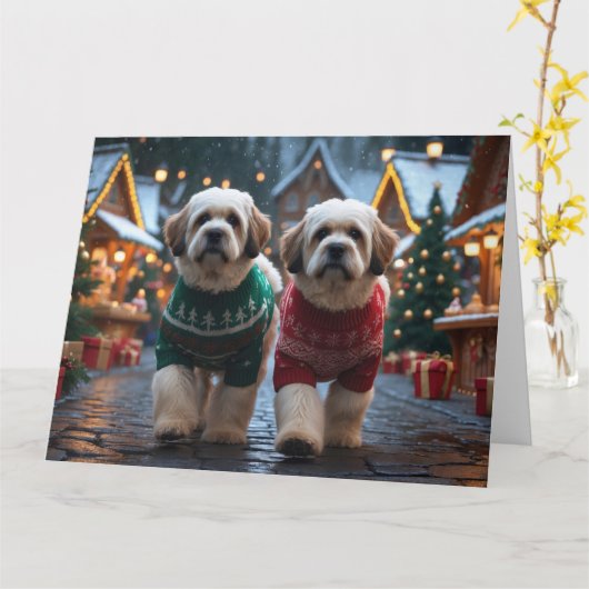 Lhasa Apso Honden Kerst Sneeuw Vakantie Kaart (Gele Bloem)