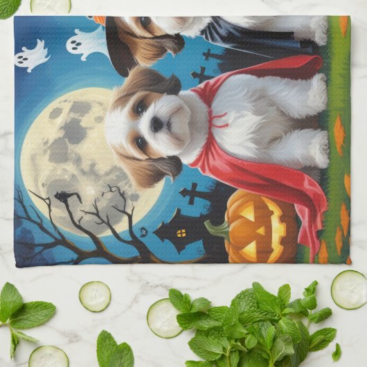 Lhasa Apso Honden Pompoen Halloween Grappig Theedoek (Gevouwen)