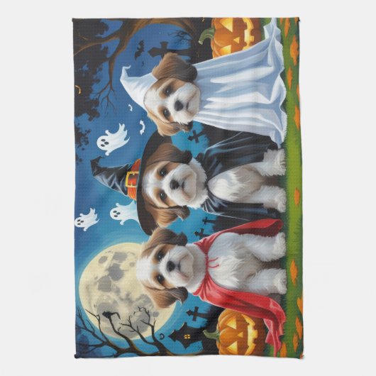 Lhasa Apso Honden Pompoen Halloween Grappig Theedoek (Verticaal)