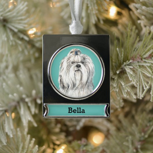 Lhasa Apso-hondenportret gepersonaliseerd Verzilverd Banner Ornament (Boom)