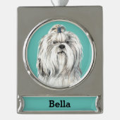 Lhasa Apso-hondenportret gepersonaliseerd Verzilverd Banner Ornament (Voorkant)